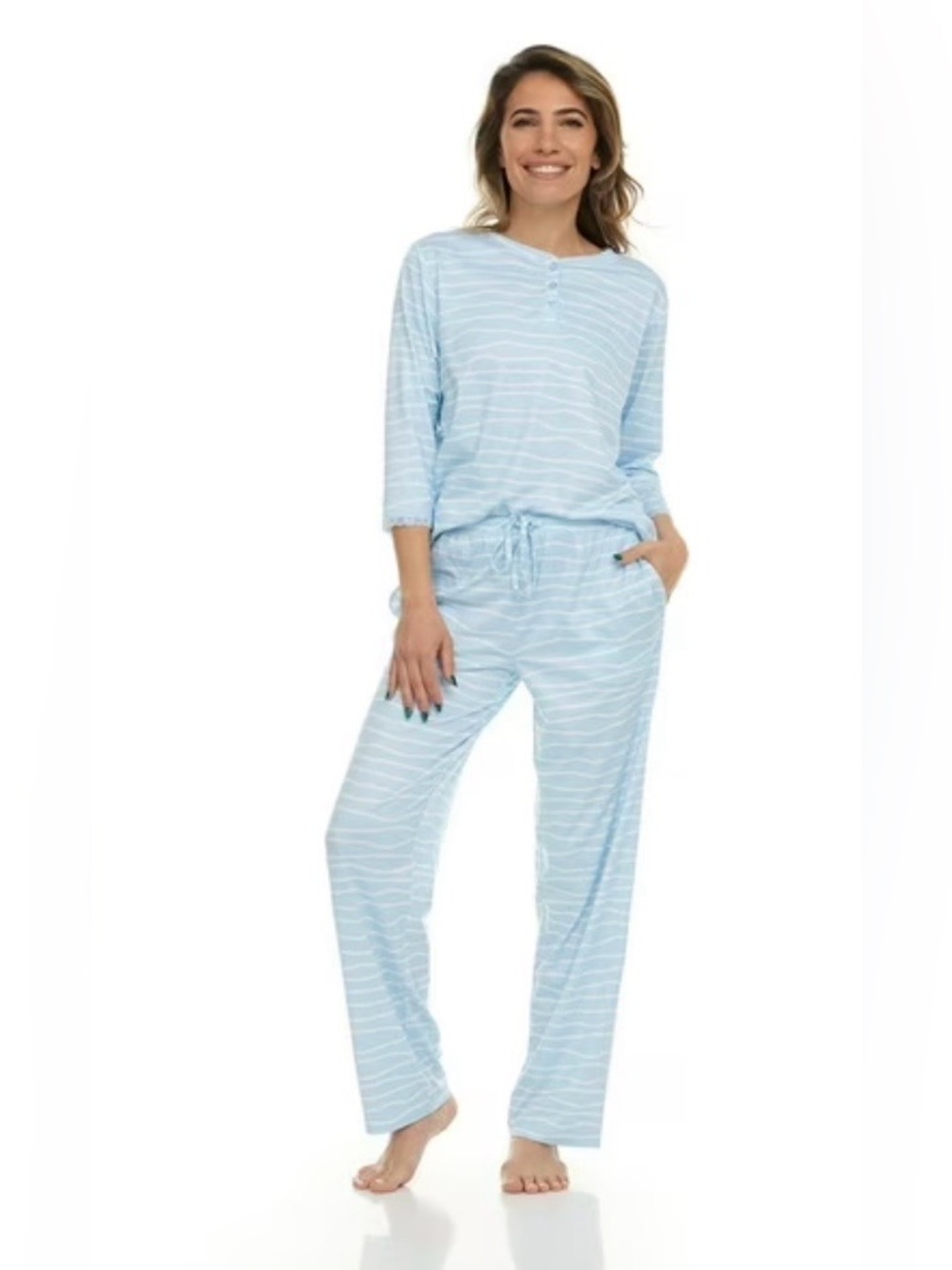 FLORA NIKROOZ Women Relaxed Fit 3/4 Sleeve Henley Pajama Set 2 Piece Pockets😍 - Picture 4 of 14